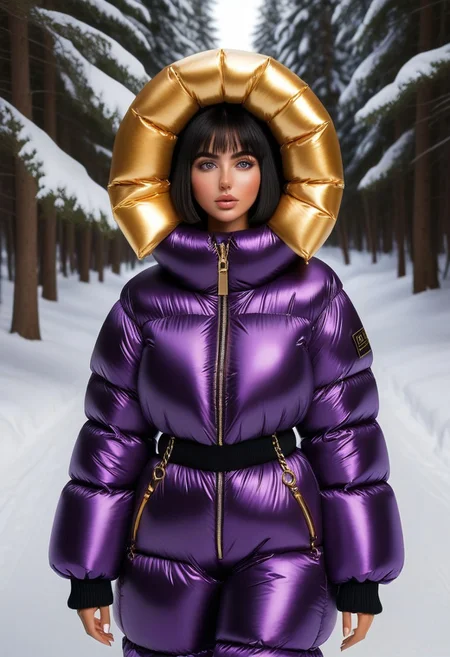 ((((puffer padded jacket)))), ((((puffer padded coat)))), ((((full body)))), ((((fur boots)))), ((((puffer pants)))), ((((puffer hood up)))), winter, snow, forest, 1girl, solo, (masterpiece), detailed face, detailed eyes, (beautiful detailed eyes:1.5), sidelighting, (super detail, hyper detail, intricate_details, detailed), (semi realistic:1.6), (Bob cut), blunt bangs,(black hair), (purple eyes, eyelashs), tanned skin, smug smile, angry face, Golden jewelery, golden rings, golden necklace, golden armlets, golden chains, padded cuffs, padded collar, Thick padded cuffs, Thick padded collar, <lora:Collar-SDXL:0.6>, <lora:Cuffs-SDXL:0.6>, <lora:Puffer_Jacket_and_Down_Jacket_-_Extra_Puffy_Jackets:0.4>, <lora:snowpants_v1:0.4>