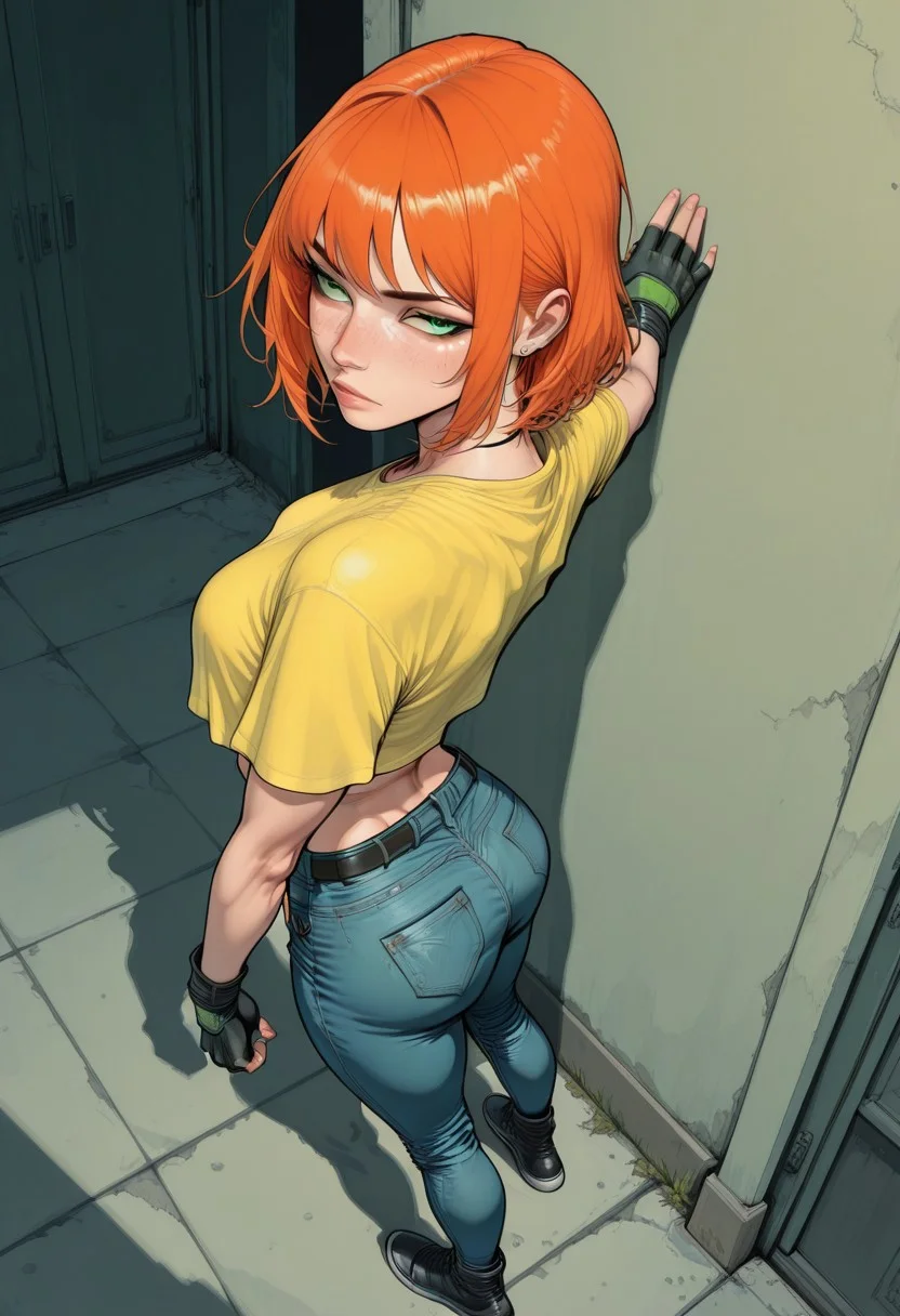artist:fluxc0m1c, masterpiece, absurdres, solo, 1girl, woman, (caitlinf:1.2), green eyes, orange hair, age 25, standing, from above, (perspective:1.2), fingerless gloves, crop top overhang, yellow shirt, jeans, black footwear, pinup, half-closed eyes, perfect eyes, perfect quality, gorgeous girl, perfect face, pinup pose, looking back, sideways glance, detailed shadows