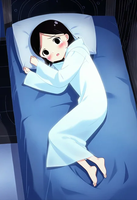 zPDXL3, source_cartoon, Perfect Hands, full body,
1girl, solo, bedroom, looking at viewer, saoirse, black hair, black eyes, blush, ghost, hood up, robe, barefoot, glowing, lying on bed, from above, lying on side, facing at viewer, feeling cold, eyes open, crying sadly, open mouth, sleeve past wrist, slim body, long body, highlight cloth wrinkle, anime style, hugging a shell,
<lora:Perfect Hands:1>  <lora:Saoirse_-_The_Song_of_the_Sea-000009:1>