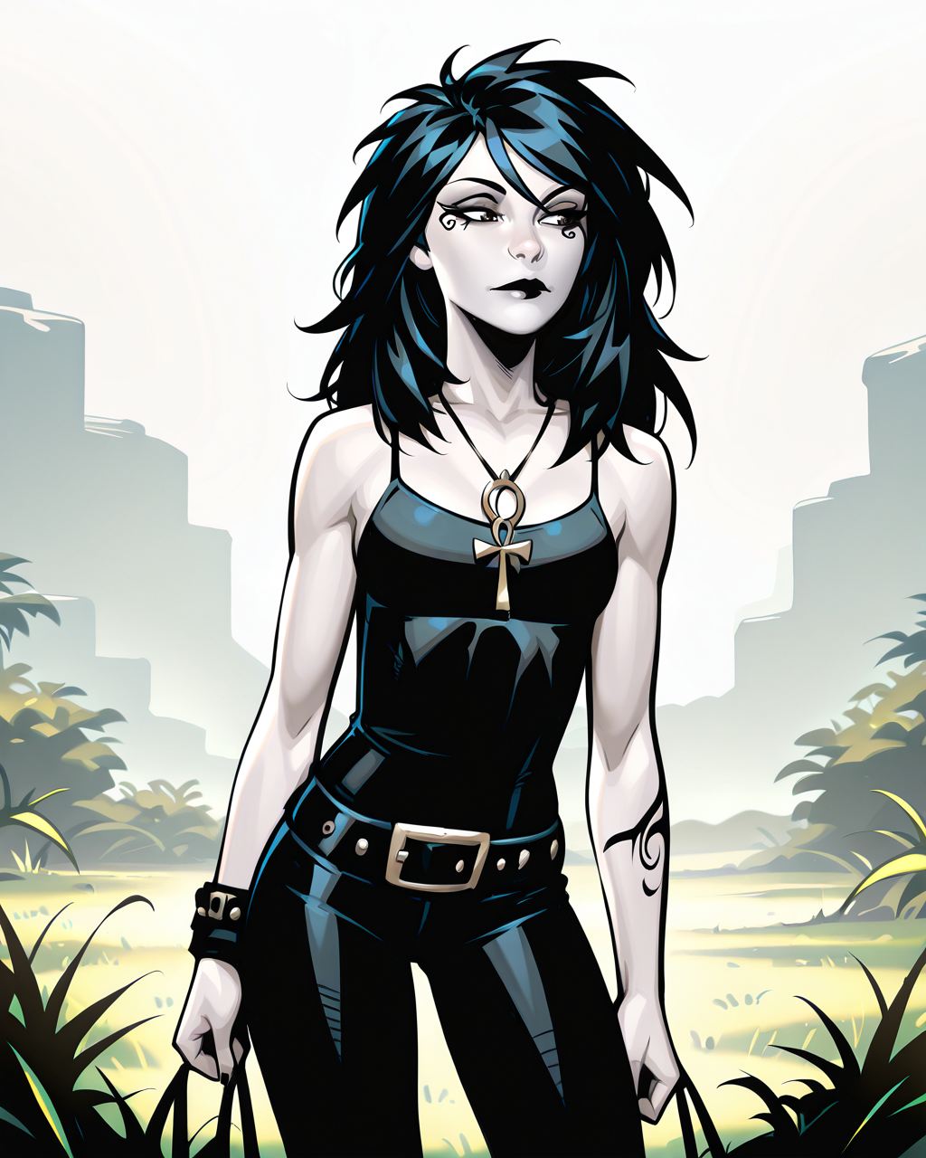 masterpiece, best quality, absurdres, perfect quality, absolutely eye-catching,   <lora:ChrisBachaloIllus:1> bachalo,  <lora:Death of the EndlessilluLoRA:1> dethofend, pale skin, colored skin, long hair, tattoo under eye, ankh necklace, tank top, belt, pants