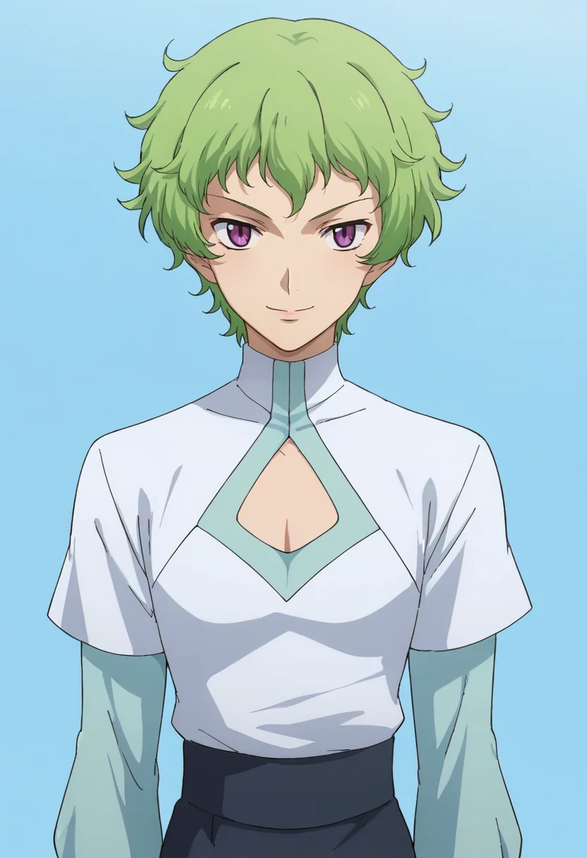 score_9,score_8_up,score_7_up,anime coloring BREAK source_anime,anime,<lora:Hiling_Care_Gundam_00_Pony:0.8>,hiling,1other,solo,green hair,short hair,purple eyes,white shirt,cleavage cutout,layered sleeves,blue pants,multicolored background,smirk,portrait,upper body,looking at viewer,