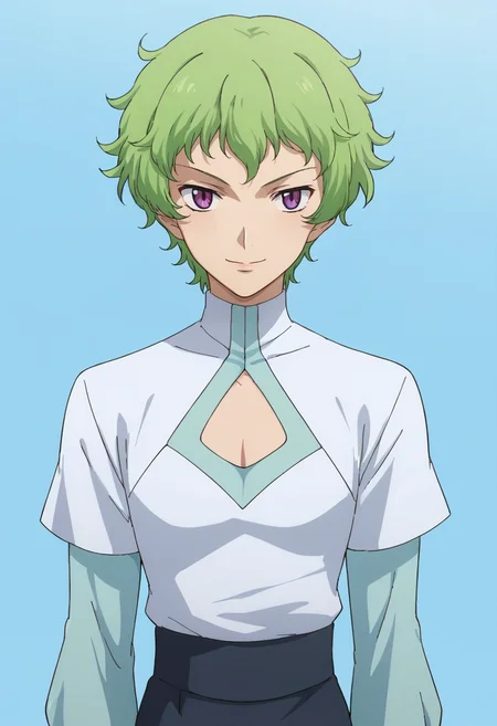 score_9,score_8_up,score_7_up,anime coloring BREAK source_anime,anime,<lora:Hiling_Care_Gundam_00_Pony:0.8>,hiling,1other,solo,green hair,short hair,purple eyes,white shirt,cleavage cutout,layered sleeves,blue pants,multicolored background,smirk,portrait,upper body,looking at viewer,