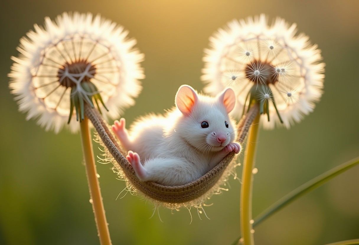 little fluffy white mouse rolling in a spider web hammock between two large fluffy white dandelions, sunny, highly detailed, intricate details, hyper-realism, ultra-sharp, macro, professional photoshoot
