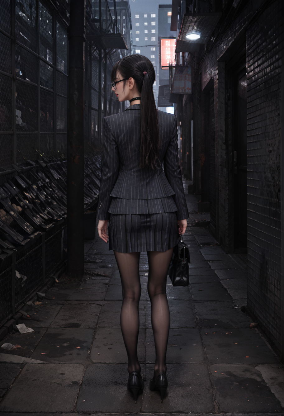 ,ruanyi0860,dark,alley,1girl,solo,
,ruanyi0856,striped jacket,choker,black pantyhose,striped skirt,glasses,black skirt,pinstripe pattern,
from behind,ass,full body,pov,<lora:0860 late night alley_v1_pony:0.8>,<lora:0856 OL professional suit skirt 1_v1_pony:0.7>, score_9,score_8_up,score_7_up,,8k,1girl,solo,,