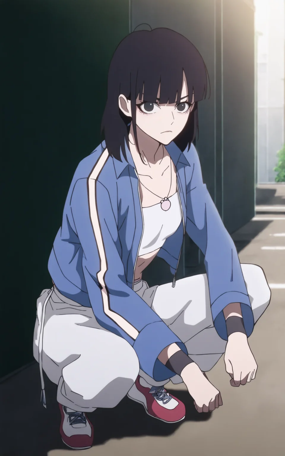 masterpiece, detailed, 1girl, solo, ilqiaoling, sprfnn outfit, black hair, medium hair, bangs, black eyes, shirt, collarbone, jacket, open clothes, midriff, pants, necklace, socks, sneakers, squatting, (full body), outdoors, day, alley, serious, looking at viewer, <lora:qiaoling_IL:1>