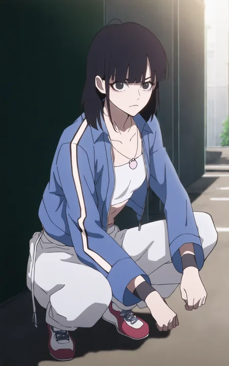masterpiece, detailed, 1girl, solo, ilqiaoling, sprfnn outfit, black hair, medium hair, bangs, black eyes, shirt, collarbone, jacket, open clothes, midriff, pants, necklace, socks, sneakers, squatting, (full body), outdoors, day, alley, serious, looking at viewer, <lora:qiaoling_IL:1>