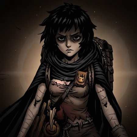 masterpiece, best quality, newest, absurdres, highres, anime, anime style, DDstyle, official style, black eyes, shaded eyes, 1girl, DDRAW-V1.0, cape, black hair, short hair, small breasts, backpack, rags
