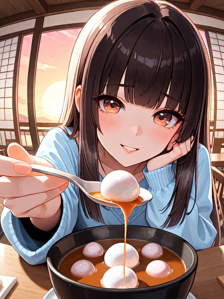 absurdres, explicit, tangyuan feeding, incoming food, blurry foreground, fisheye, pov, 1girl, shy, smile, holding spoon, hand up, sitting, soup, table, steam, steaming food, close-up, foreshortening, reaching towards viewer, hime cut, copper hair, parted lips, milf, sunrise, overhead view, aerial view, <lora:girlliketangyuanfeeding_ilxl:0.8>