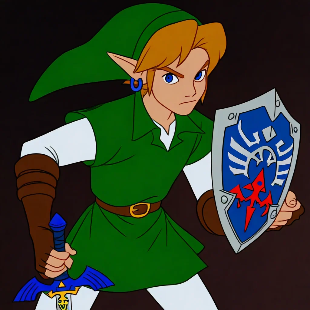 DisneySilverAge, flat colors, source_disney, ootalink, 1boy, link, the legend of zelda: ocarina of time, solo, male focus, looking at viewer, cowboy shot, left-handed, holding sword, master sword, holding shield, hylian shield, white pantyhose, white undershirt, layered sleeves, brown elbow gloves, brown fingerless gloves, green headwear, green pleated skirt, green tunic, collared shirt, blue hoop earrings, masterpiece, best quality,