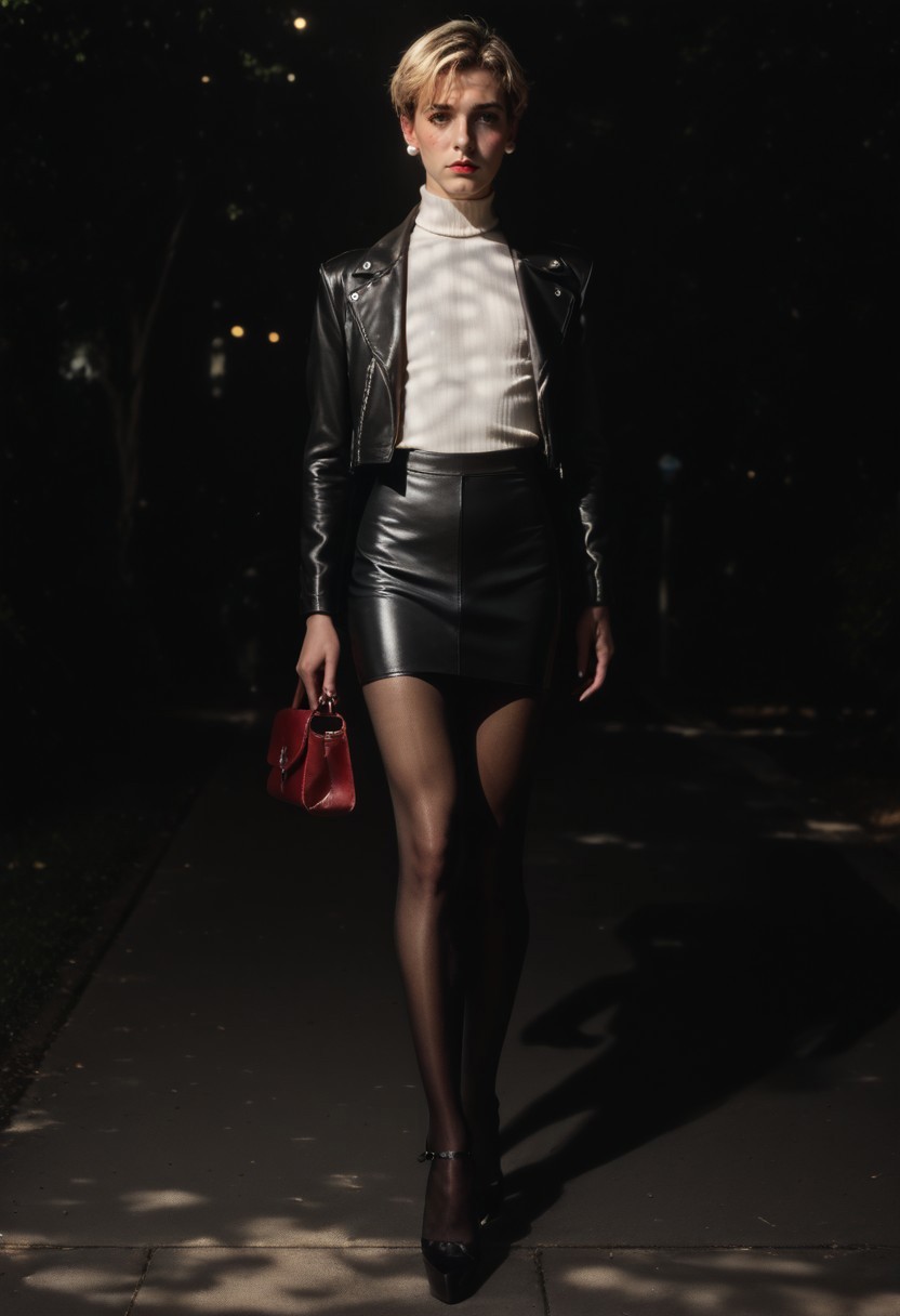 safe_pos, safe_pos, safe_pos, score_9, score_8_up, score_7_up, score_6_up, 30 yo sissy (man in woman clothes) walking at night in the park, androgynous beauty, very sexy, short pixie haircut, blonde hair,  flat chest, male chest, walking alone in the park, shy, blushing, wearing a white turtleneck ribbed sweater,  black leather mini skirt, ((short skirt)), ((tight skirt)), red leather biker jacket,  black silk pantyhose, high heels, purse, pearl earrings, ladybulge, afraid of being observed, looking at the viewer, full body shot, front view, dynamic composition, ladybulge, full body shot, good_hands