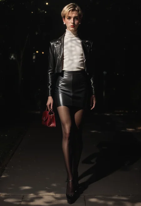 safe_pos, safe_pos, safe_pos, score_9, score_8_up, score_7_up, score_6_up, 30 yo sissy (man in woman clothes) walking at night in the park, androgynous beauty, very sexy, short pixie haircut, blonde hair,  flat chest, male chest, walking alone in the park, shy, blushing, wearing a white turtleneck ribbed sweater,  black leather mini skirt, ((short skirt)), ((tight skirt)), red leather biker jacket,  black silk pantyhose, high heels, purse, pearl earrings, ladybulge, afraid of being observed, looking at the viewer, full body shot, front view, dynamic composition, ladybulge, full body shot, good_hands