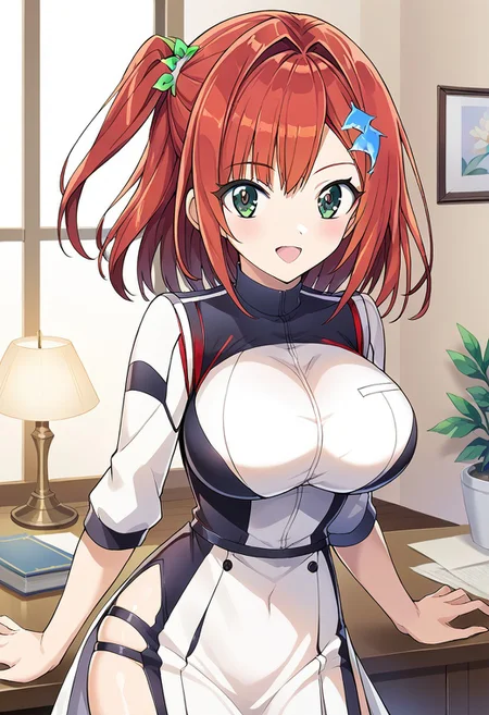 score 9, score 8 up, score 7 up,  source anime, masterpiece, best quality, detailed eyes, detailed face, 1girl, solo, indoors, cowboy shot, smile,
Iruka Sakimiya, green eyes, red hair, one side up, large breasts, hair ornament