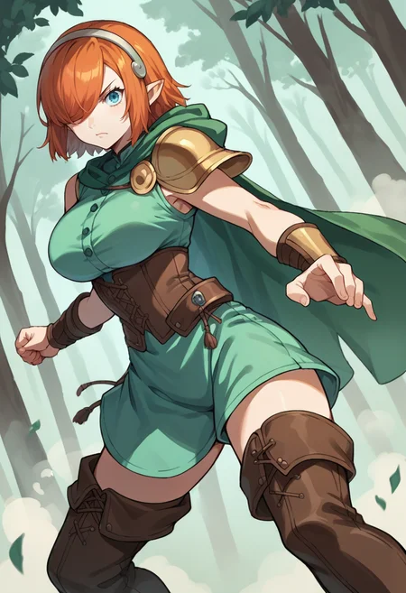 score_9, score_8_up, score_7_up, source_anime, BREAK 1girl, solo, serious, fighting stance, <lora:GallicaMR-pdxl:1> gallicaMR, short hair, pointy ears, hairband, hair over one eye, brown thigh boots, green tunic, green cape, hood, corset, shoulder armor, large breasts, forest, fog
