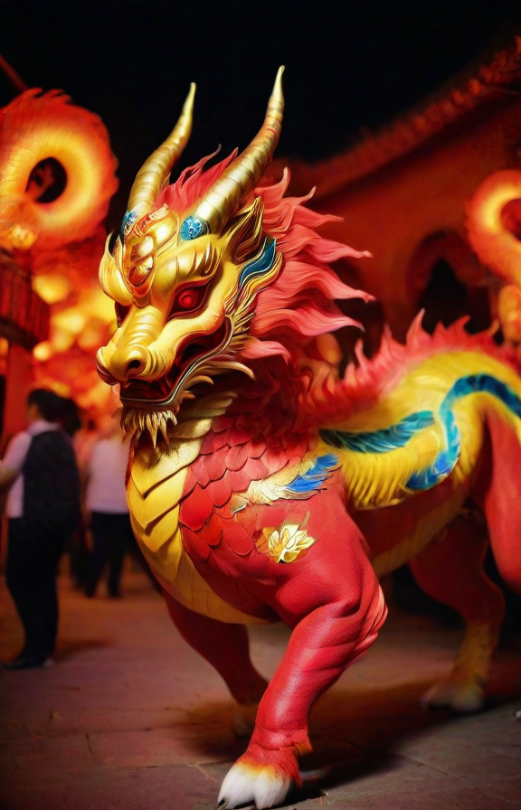 A vivid and ((multicolored Qilin), midnight, in a chinese red lantern festival street with people walking around), magnificent horns, vibrant feathers, majestic and legendary, captures attention with its vibrant hues, colorful high contrast, from china, festival of rich colors, hong kong, epic colors, formidable, rain, eyes lit, standing in the dark, anamorphic lens flares 4k, best of behance, holy flame crown spell, creative commons attribution, wallpaperflare, steven jung, trending on mentalray, hyper realstic, featured on pexels, big horn, highly beautiful, casting a magic spell, color overlay, ð, pr0f3ss10n4l <lora:QilinSDXL:1.35> <lora:sdxl_LCM_lora_rank1:1.15>