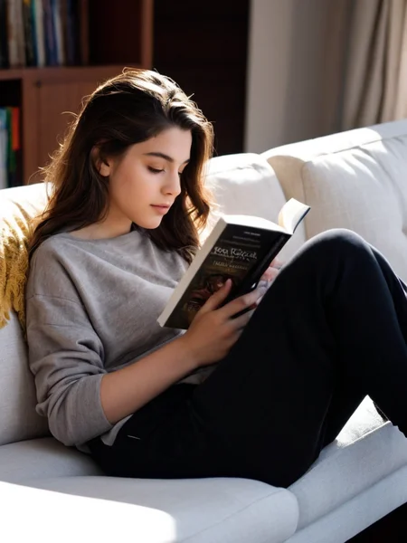 Cinematic fashion photograph Amina_Massoud_P_MXAI_SDXL , wearing comfortable clothes, sitting on a couch, reading a book, shadows, relaxed, elegant,