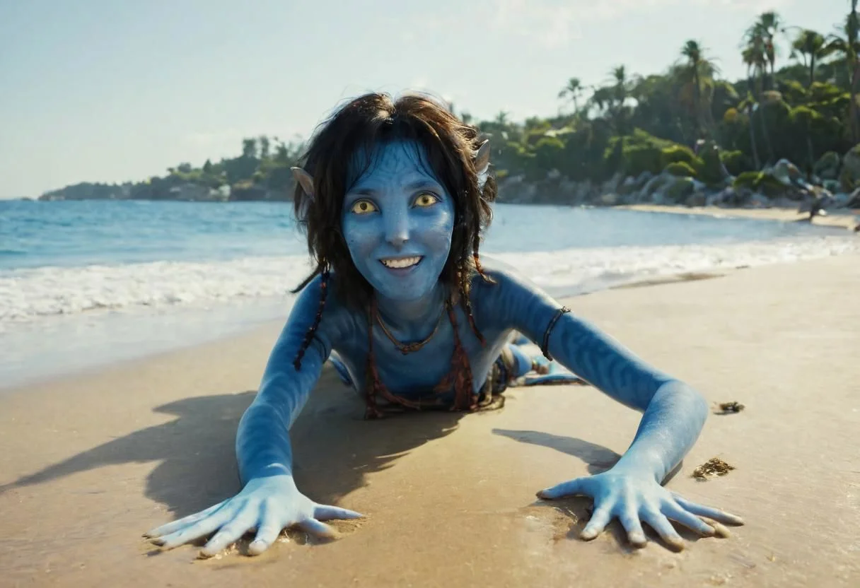 Kiri is crawling (((on all fours))) on beach sand, along, playful smile, seaside, trees and (sea with ((high) surf)) on background, face, ((closeup)), (blue) [human hands], (human (feet)), looking in the camera ((closely)), SK_CINEMATIC