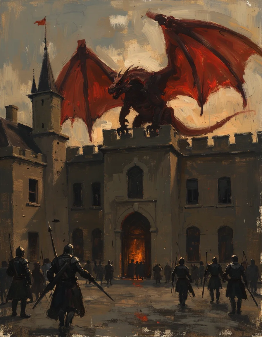 a fiery crimson dragon who sprawls across the ancient castle wall, its majestic wings spread wide, casting a dramatic silhouette against the darkening sky. Below, the courtyard is chaos, as armored knights scramble to flee from the beast's piercing gaze, their metal suits glinting in the fading light.