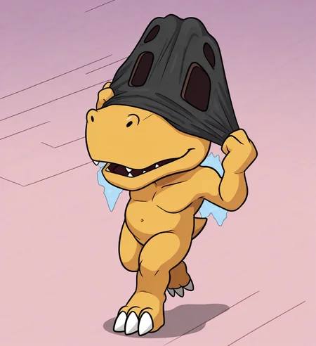 high res, absurd res, digital media (artwork), <lora:Mask_TF:1> 5uitingm4sking, mask, bust, running track background, <lora:DIGIMON_AGUMON:1> agumon,