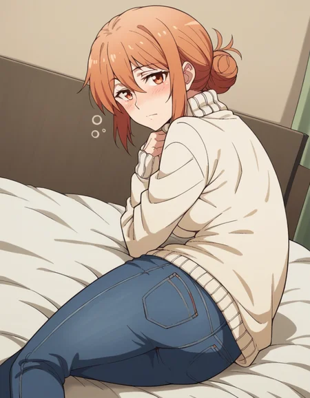 score_9, score_8_up, score_7_up, source_anime,
yuigahamama, <lora:mother-yuigahama-s2s3-ponyxl-lora-nochekaiser:1>,
yuigahamama, hair bun, mature female, orange eyes, orange hair, short hair, single hair bun, hair between eyes, sidelocks,
denim, jeans, pants, sweater, turtleneck, turtleneck sweater, white sweater,
indoors, bed, bed room, on side, blush, drunk,
looking at viewer, cowboy shot, dutch angle, solo,