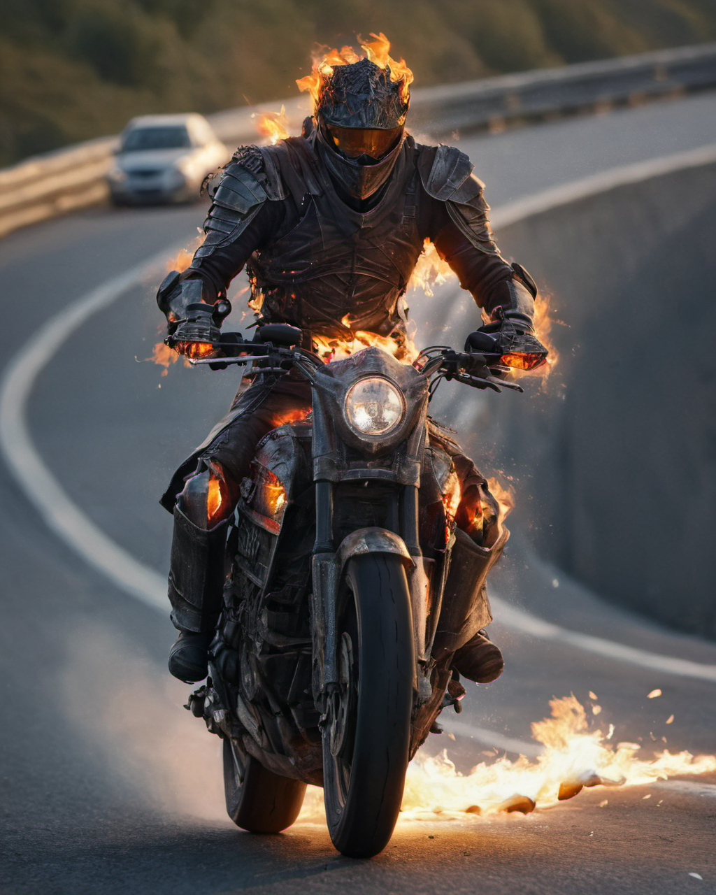 hyperdetailed photography,masterpiece,awardwinning,128k uhd,cndrlord,man in flaming armor on a motorbike driving on a highway ,<lora:lordofcinders:0.8>,raw photo,sharp focus,bokeh,epic,official art