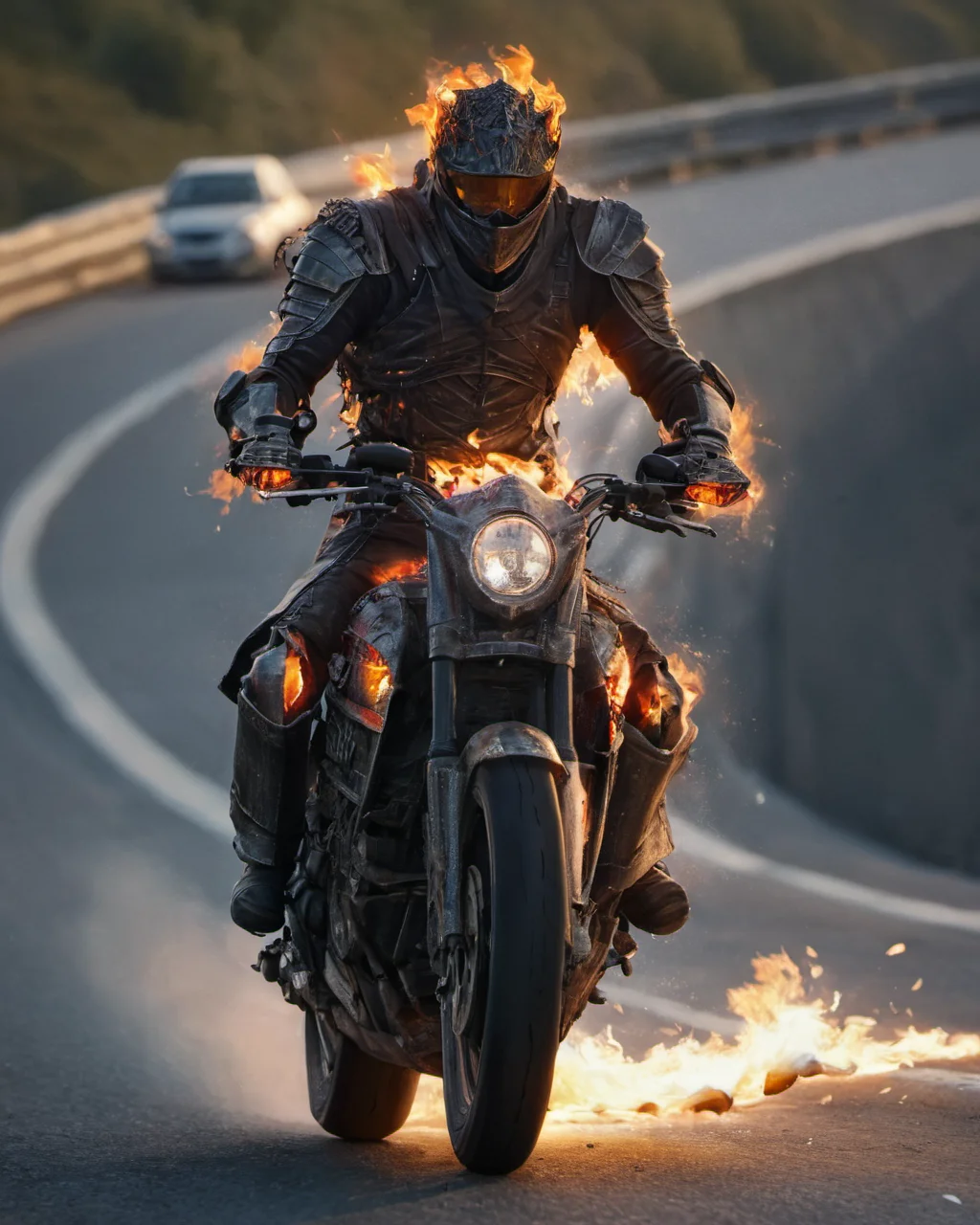 hyperdetailed photography,masterpiece,awardwinning,128k uhd,cndrlord,man in flaming armor on a motorbike driving on a highway ,<lora:lordofcinders:0.8>,raw photo,sharp focus,bokeh,epic,official art