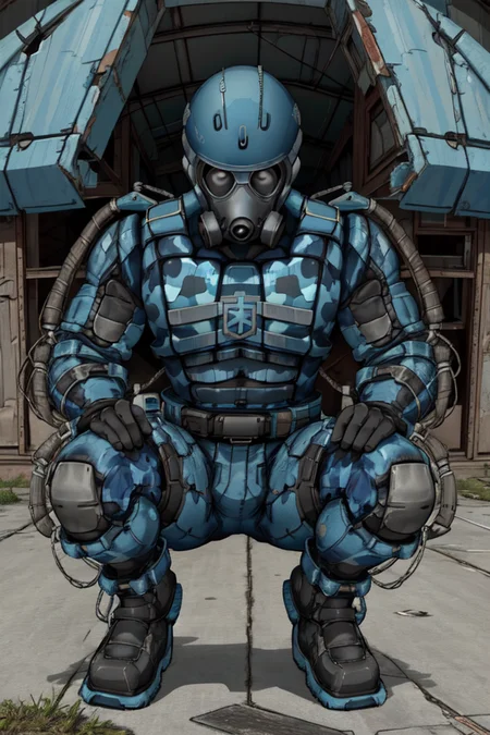 (best quality, masterpiece:1.2), 1boy, solo, standing, sci-fi armour, helmet, gas mask, no face, gray and blue colour scheme, blue camouflage, post-apocalypse, abandoned soviet buildings on background, gloomy atmosphere, <lora:STALKER_Exosuit__Exoskeleton__Экзоскелет:0.7>,  (squatting:1.3), (close up:1.2)