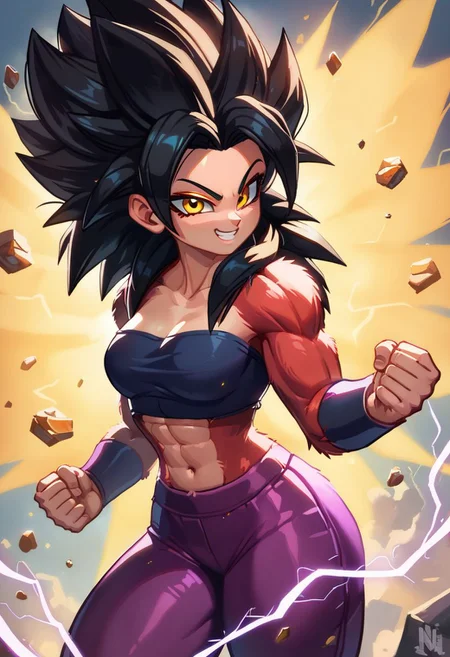 score_9, score_8_up, score_8, cute, curvy,
Super_Saiyan_4_Caulifla, 1girl, crop top, long black hair, body fur, red fur, yellow eyes,
purple pants,
Aura, energy, glowing, swirling energy,
electricity, aura, smile, smug, clenched_fist, looking at viewer, cowboy shot, glowing, aura, energy, beam, flying debris, serious, floating hair,
