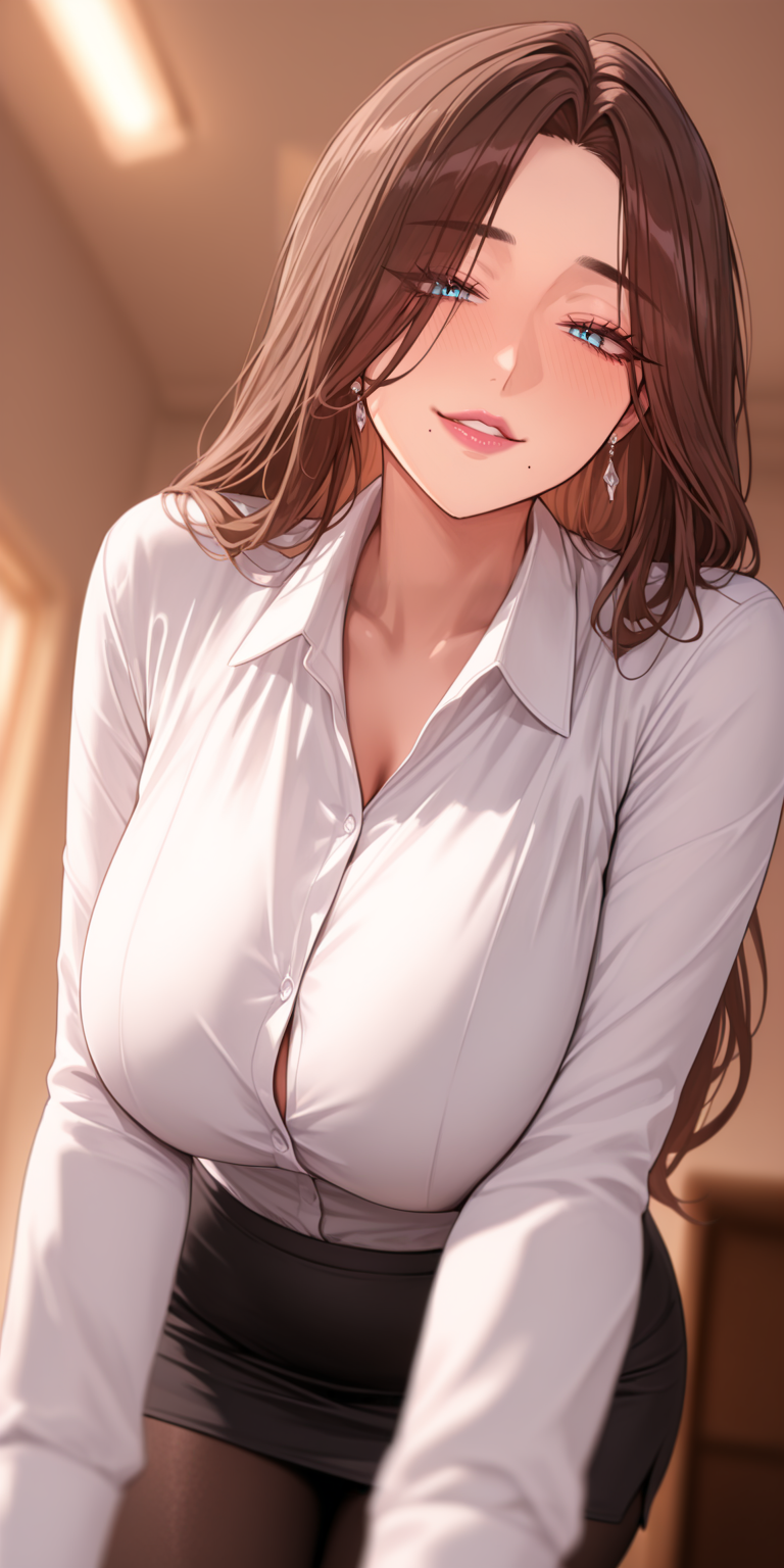 1girl, solo, long hair, breasts, looking at viewer, blush, smile, bangs, skirt, large breasts, brown hair, shirt, long sleeves, brown eyes, underwear, panties, white shirt, pantyhose, collared shirt, indoors, black skirt, grin,, parted bangs, black pantyhose, dress shirt, pov, eyes visible through hair, pencil skirt, office lady,best quality,masterpiece,amazing quality,very aesthetic,high resolution,ultra-detailed,,depth of field,volumetric lighting ,highly detailed,best quality,8k,best quality, very aesthetic, ultra-detailed, newest,BREAK, depth of field, masterpiece, amazing quality, high resolution, absurdres, newest, red eyessmirk,best,quality,masterpiece,amazing quality,very aesthetic,high resolution,ultra-detailed,,depth of field,volumetric lighting ,highly detailed,best quality,8k,best quality, very aesthetic, ultra-detailed, newest,BREAK, depth of field, masterpiece, amazing quality, high resolution, absurdres,newest,,Baddie, mature_female, milf