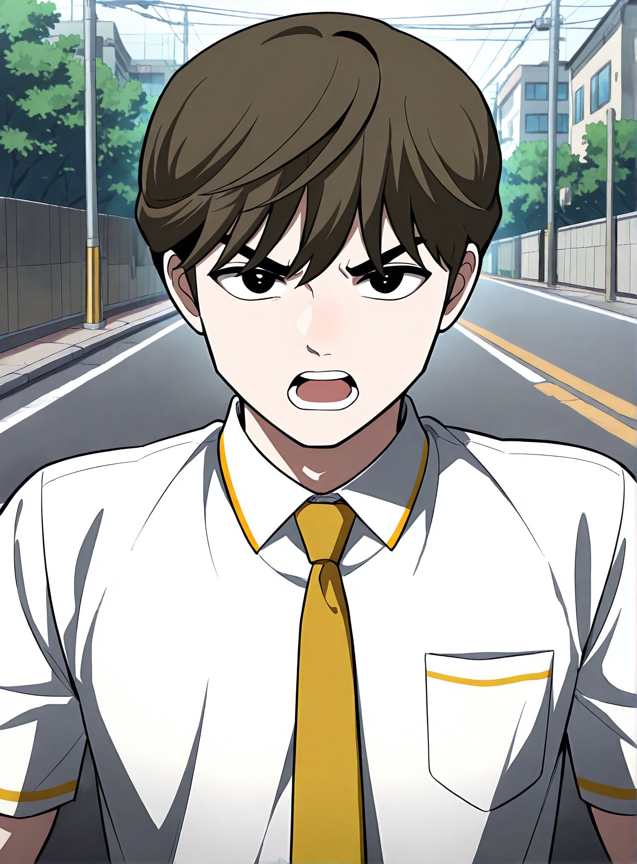 masterpiece,best quality,anime coloring,anime screenshot,
<lora:add-detail-xl:0.5>
<lora:Plaything:1>PlaythingV1,
1boy,open mouth,serious, collared shirt, 
male focus,black eyes, breast pocket, 
brown hair,solo, street,outdoors, 
yellow necktie, 
p_boyfriend, white shirt,