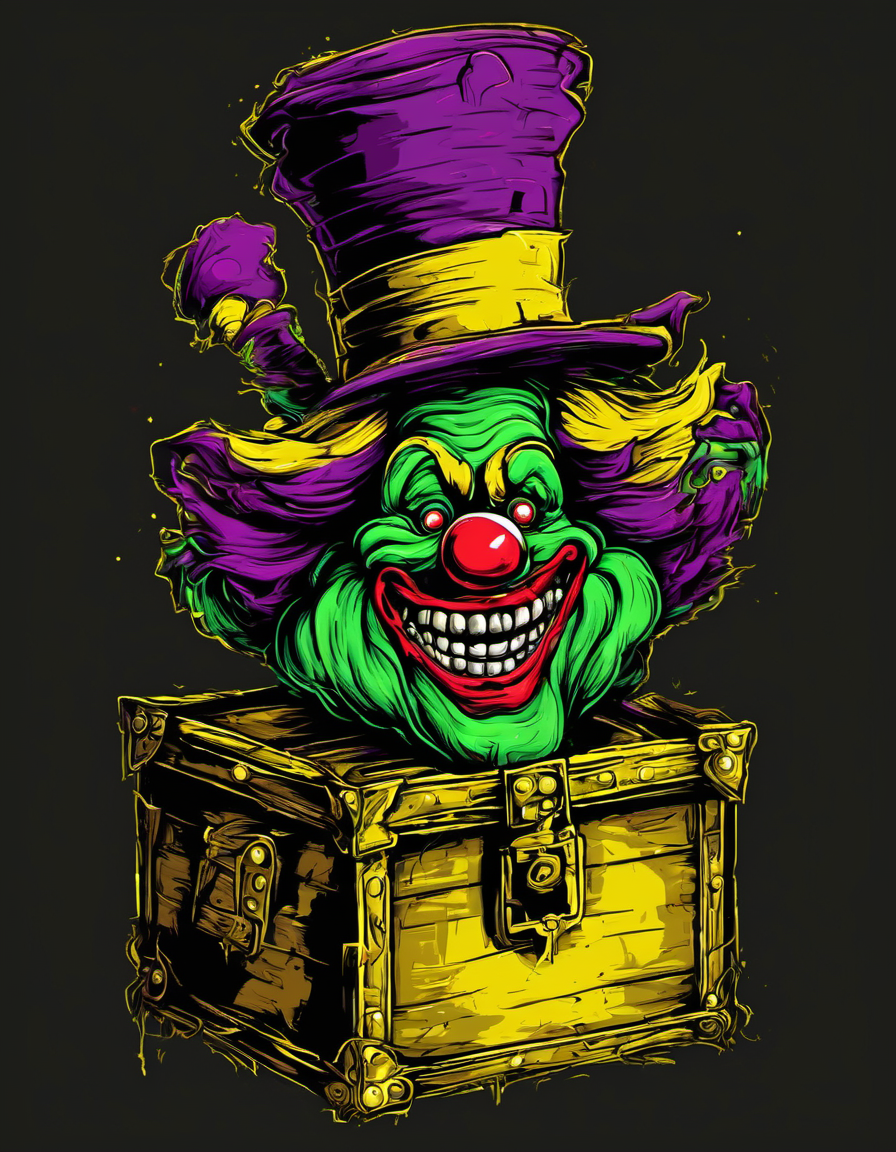 metal_tee, a green, purple, and yellow clown character with a large, evil-looking mouth and a hat on top of its head. The clown is standing on top a box, which appears to be a treasure chest. The box is surrounded by a dark background, jack in the box,,  vector digital illustration, (black background:1.5) <lora:metal_tee_sdxl:1>