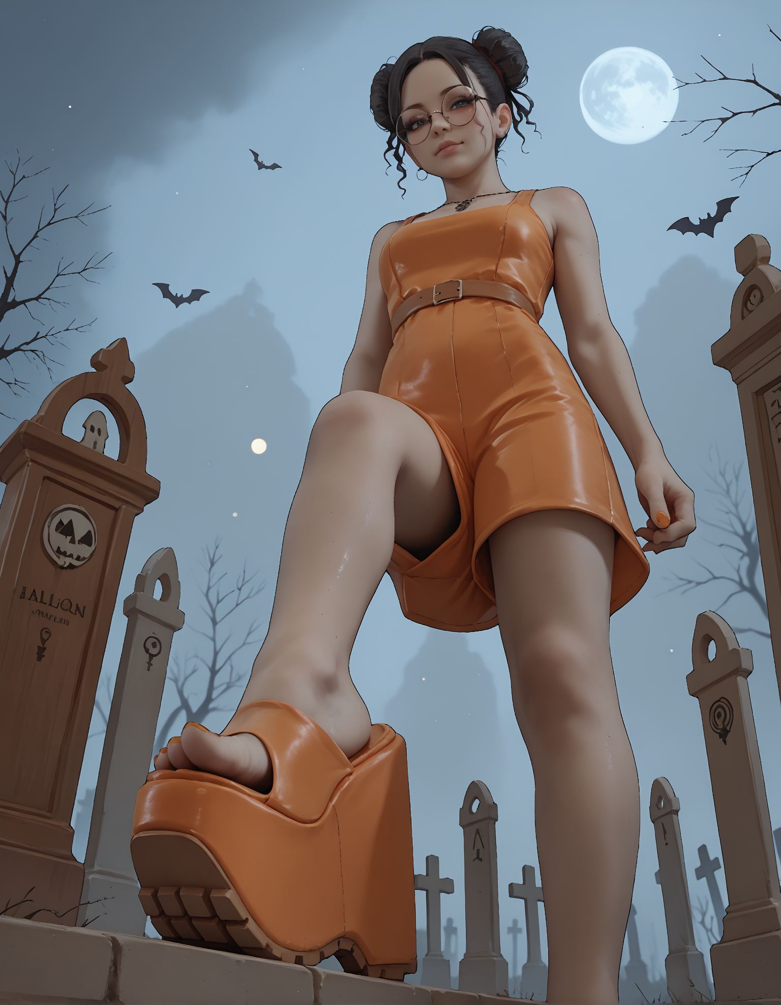 score_9, score_8_up, score_7_up, score_6_up, realistic,
wide angle, standing, low angle, foot focus,
standing,
1girl, dark skin, goth, curly hair buns, round glasses,
ï»¿mega wedge heels, platform footwear,
orange romper, skintight clothing,
halloween scene, fog, cemetery, night,
orange toenail polish,
embedding:zPDXLrl ,
embedding:zPDXL2 ,