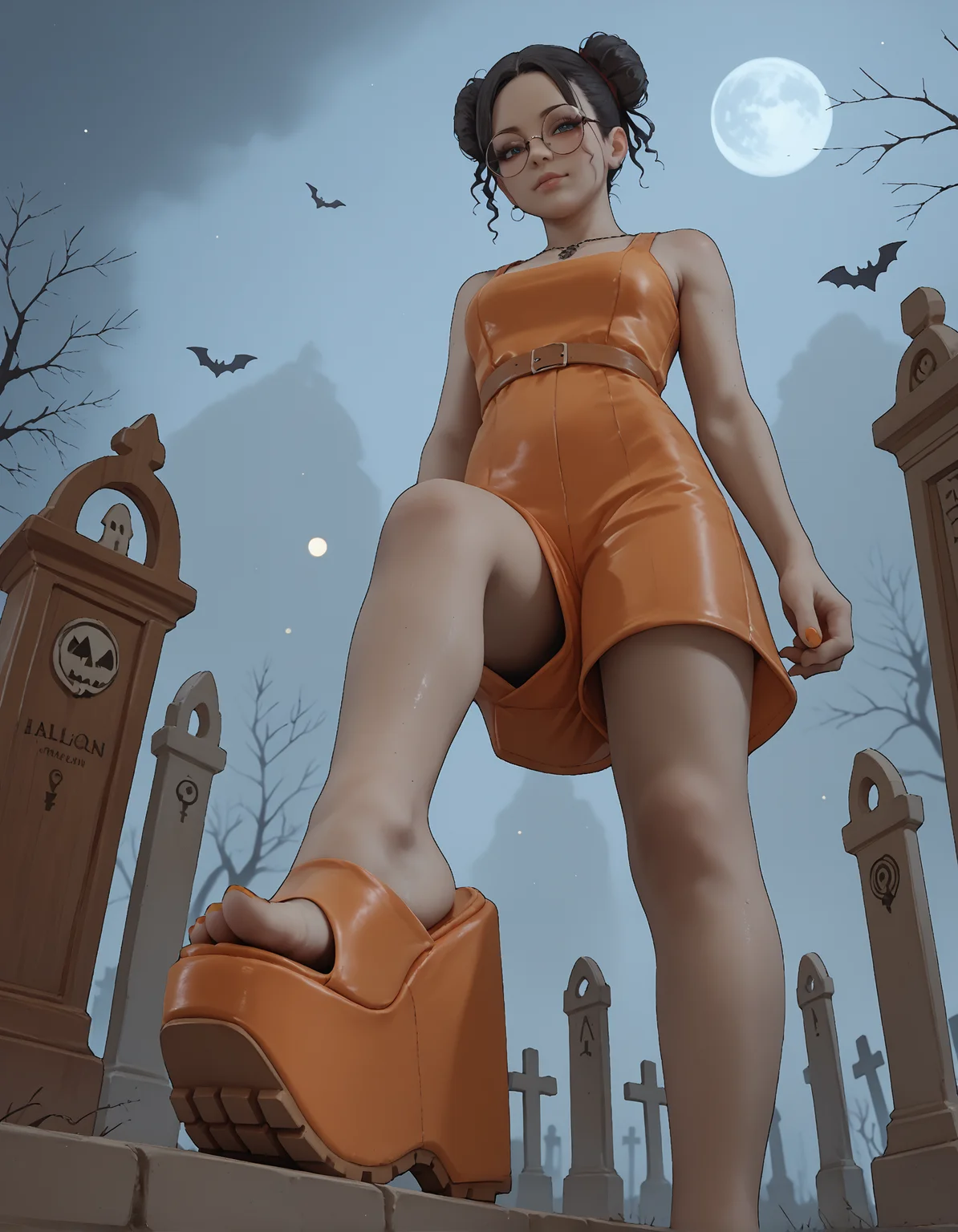 score_9, score_8_up, score_7_up, score_6_up, realistic,
wide angle, standing, low angle, foot focus,
standing,
1girl, dark skin, goth, curly hair buns, round glasses,
mega wedge heels, platform footwear,
orange romper, skintight clothing,
halloween scene, fog, cemetery, night,
orange toenail polish,
embedding:zPDXLrl ,
embedding:zPDXL2 ,
