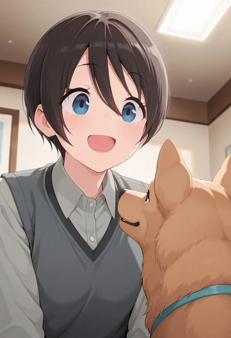 masterpiece,best quality,amazing quality, saito ena, dark brown hair, blue eyes, short hair, 1girl, dog, indoors, shirt, smile, hair between eyes, grey shirt, open mouth, vest, :d, collared shirt, animal, solo