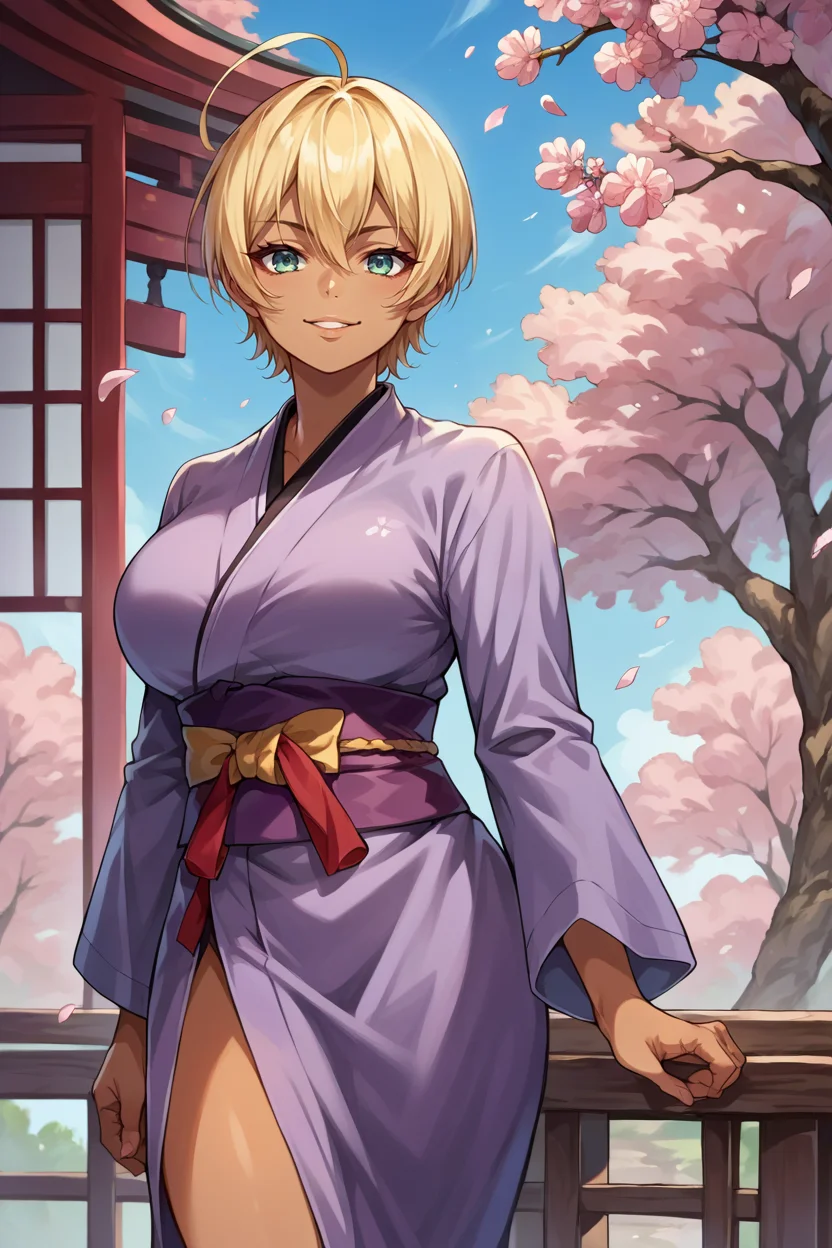 score_9, score_8_up, score_7_up, score_6_up, source_anime, 1girl, solo <lora:ikumimito-pdxl-nvwls-v1-000005:1> mito ikumi, blonde hair, short hair, ahoge, dark-skinned female, purple kimono, large breasts, sash, looking at you, cherry blossoms, blue sky, smile
