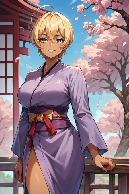 score_9, score_8_up, score_7_up, score_6_up, source_anime, 1girl, solo <lora:ikumimito-pdxl-nvwls-v1-000005:1> mito ikumi, blonde hair, short hair, ahoge, dark-skinned female, purple kimono, large breasts, sash, looking at you, cherry blossoms, blue sky, smile