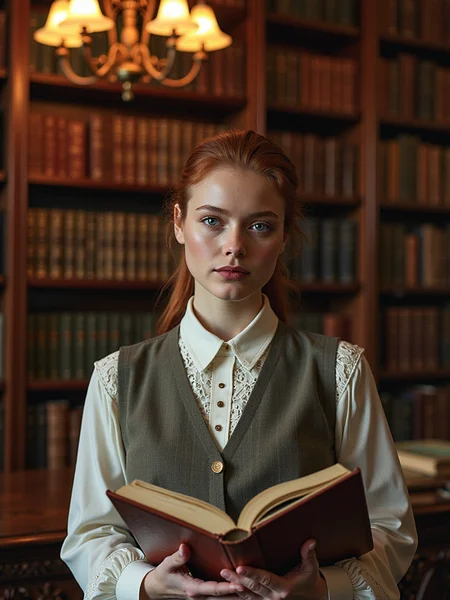 Upper body portrait of a woman standing in a grand, ornate library filled with towering shelves of ancient books. Her detailed skin is softly illuminated by the warm, golden light of a nearby chandelier, with visible pores adding depth and realism to her appearance. Her auburn hair is neatly pinned back, and sheâs wearing a vintage-style blouse with lace details at the collar and cuffs, paired with a tailored waistcoat. Her expression is calm and contemplative, as she gently holds an open leather-bound book in her hands. Behind her, the rich wood tones of the shelves and the glint of brass accents create an atmosphere of intellectual elegance. The intricate patterns of the libraryâs decor are softly out of focus, drawing attention to the fine details of her skin and the serene expression on her face, <lora:detailed_skin_portraits-000005:0.6>