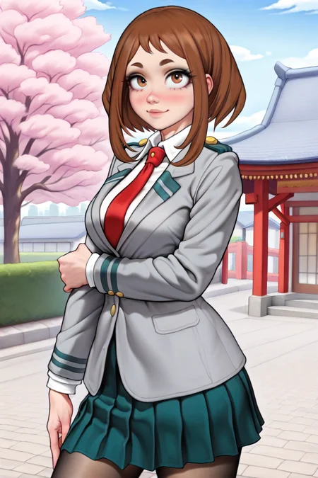 best quality, amazing quality, very aesthetic, absurdres,ict style,uraraka ochako,nose,lips, 1girl,solo, brown hair,brown eyes,short hair,smile,medium breasts,u.a. school uniform,white collared shirt,red necktie,epaulettes,grey jacket,green pleated skirt,black pantyhose,long sleeves, outdoors,east asian architecture,town, looking at viewer,pink tree,(from side:0.6),hand on own elbow,arm at side, <lora:OchakoIllus:1><lora:AromaSenseIIllus:1>