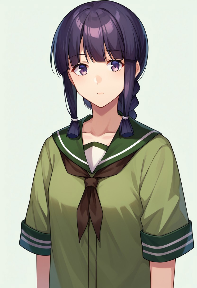 score_9, score_8, score_7, source_anime, kitakami (kancolle), single braid, shirt, cowboy shot, socks, standing, upper body, collarbone, green shirt, serafuku