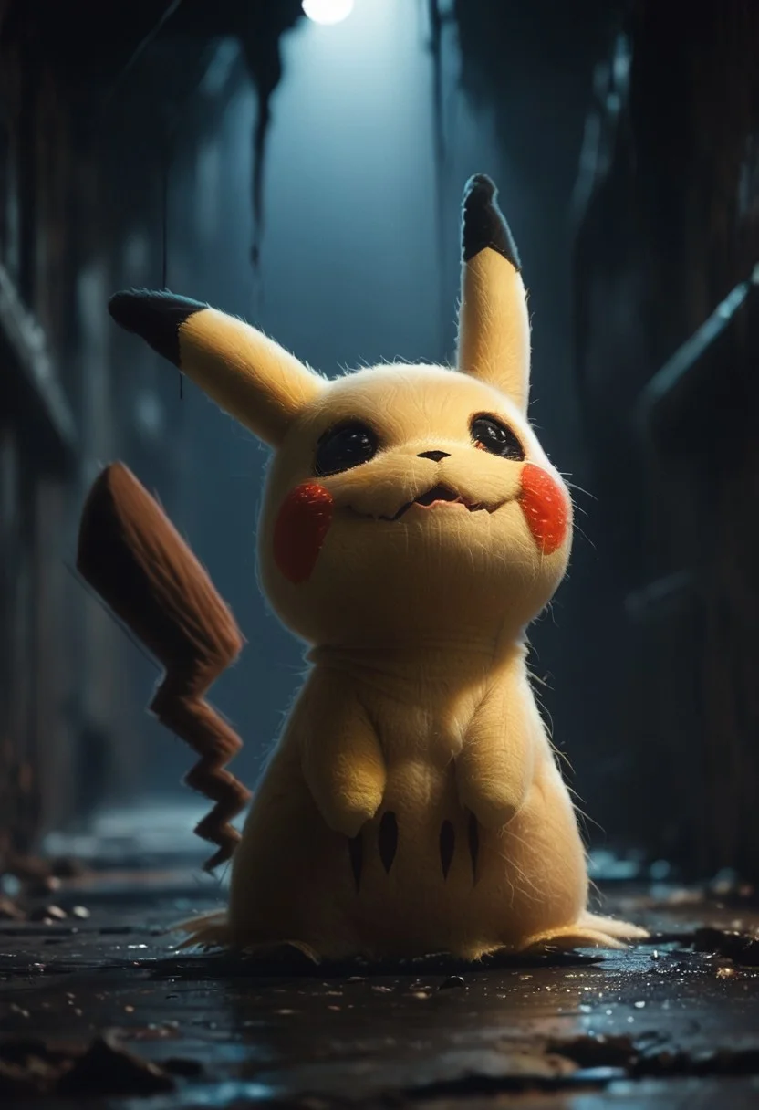 score_9, score_8_up, score_7_up, score_6_up, source_furry, solo, dof, full-length portrait, blurred background, <lora:POKEMON_PIKACHU:1> pikachu, pokemon (creature), dark shadows, spooky, horror background, cinematic, DetectivePikachu1024, creepy smile, view from below