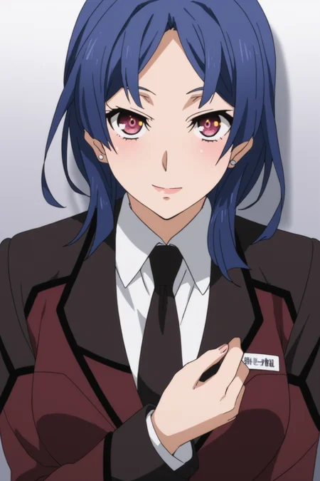 hoshimiya haruka, blue hair, long hair, purple eyes, uniform, suit, military uniform, purple uniform, dark brown uniform, white shirt, collared shirt, jacket, closed jacket, dark brown necktie, skirt, pencil skirt, white kneehighs, black highheels, <lora:Haruka_Hoshimiya:1>, score_9, score_8_up, score_7_up, score_6_up, score_5_up, source_anime, rating_safe, indoors, 1girl, solo, looking at viewer, (dynamic pose:1.2), (upper body:1), <lora:age_slider_v4:2>, standing