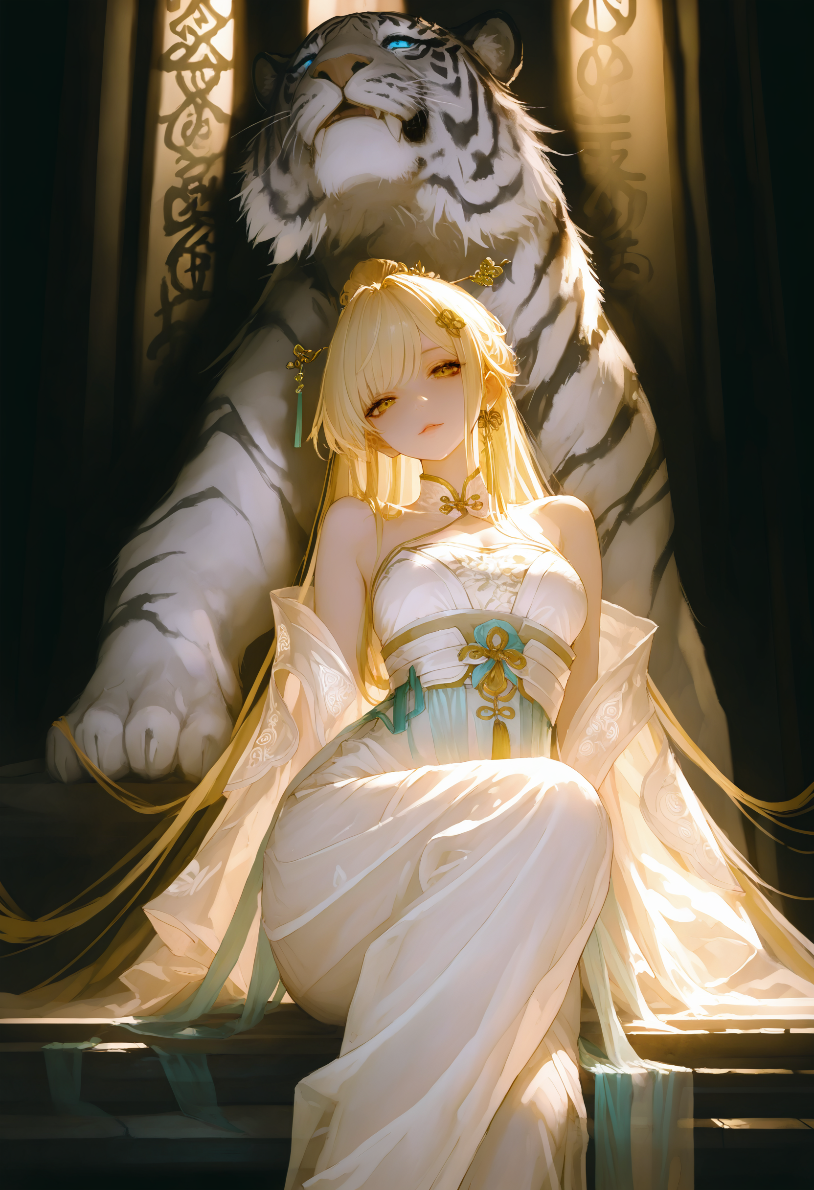 masterpiece, best quality, good quality, very aesthetic, absurdres, newest, straight on,low view,
a Hanfu Bride,Sitting sideways on a white tiger,
huge tiger,Sitting sideways, long hair, blonde hair, Hairpin, see-through, tassel,Her delicate hanfu, embroidered with intricate patterns, looking_at_viewer, Cinematic Lighting, <lora:ponyv5_noobV065S_1_adamW-000013:0.7> <lora:GBF_Illustrious:0.6> <lora:748cmSDXL:1>
