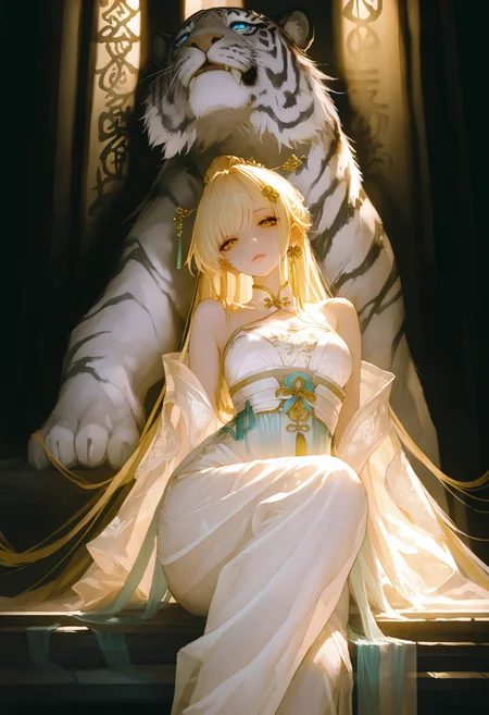 masterpiece, best quality, good quality, very aesthetic, absurdres, newest, straight on,low view,
a Hanfu Bride,Sitting sideways on a white tiger,
huge tiger,Sitting sideways, long hair, blonde hair, Hairpin, see-through, tassel,Her delicate hanfu, embroidered with intricate patterns, looking_at_viewer, Cinematic Lighting, <lora:ponyv5_noobV065S_1_adamW-000013:0.7> <lora:GBF_Illustrious:0.6> <lora:748cmSDXL:1>