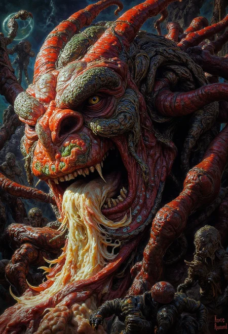 DB4RZ style painting,dark fantasy, slimy, unusual color, doodles, hybrid creature, halo, glow, limited dark color palette, vividly detailed, microscopically detailed, (professional photo but beautiful:1.3), hyper realistic and highly, (best quality:1.5), highres, dramatic light, by Steve McCurry, by Rembrandt, (by Kerby Rosanes:1.4)