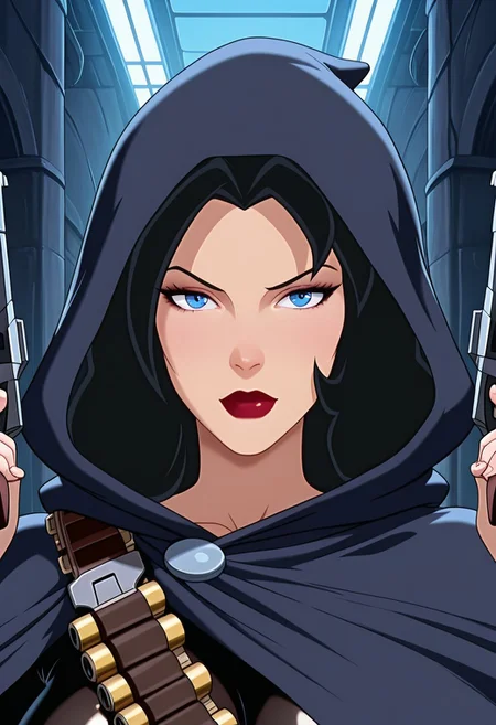 MASTERPIECE, AMAZING QUALITY, PORTRAIT, JULIE, BLACK HAIR, BLUE EYES, HOOD UP, BODYSUIT, CLOAK, BANDOLIER, DUAL WIELD GUNS
