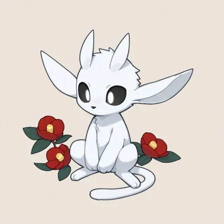 camellia flower, 1boy, solo, full body, furry, male, chibi, ori_il, feral, ori, tail, black sclera, white eyes,