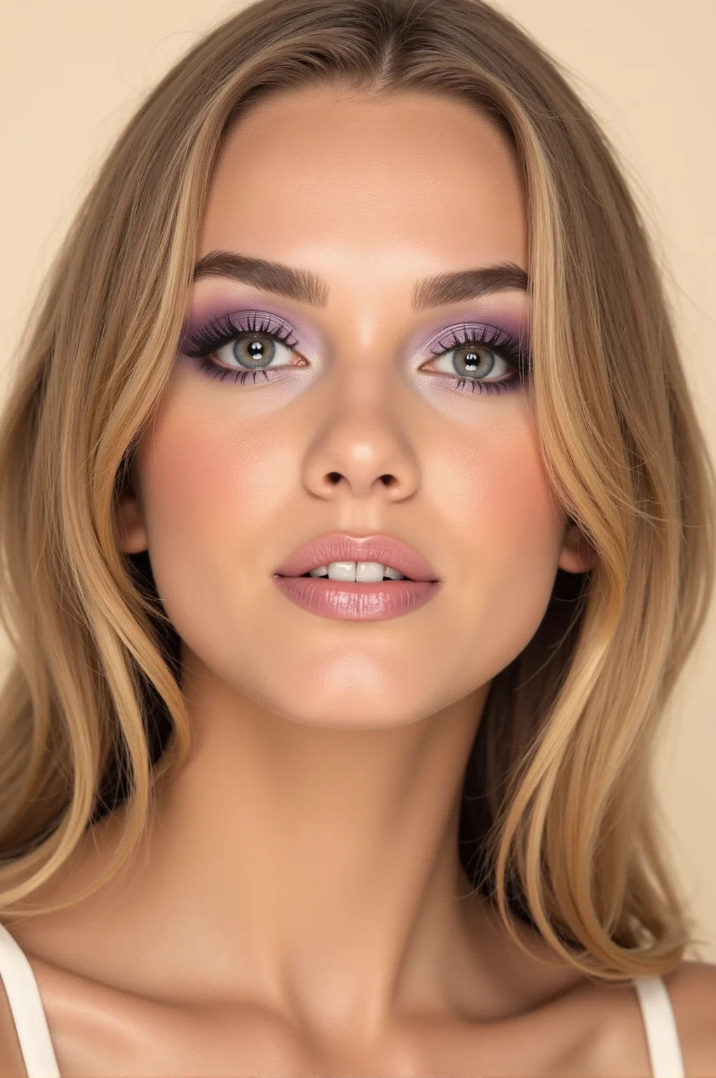 <lora:FFS_v.4:0.75> FFS style face. A young woman with a delicate and serene expression. She has a fair complexion with a slight tan and long, blonde hair styled in loose, flowing strands that frame her face. Her hair appears slightly tousled, with a few strands falling onto her shoulders. Her makeup is meticulously done with a focus on a soft, romantic look. Her eyes are accentuated with a bold, shimmery purple eyeshadow that transitions into a darker purple on the outer edges, complementing her striking, almond-shaped eyes. Thick, dark eyeliner and voluminous false lashes enhance her gaze. Her lips are painted with a soft, glossy pink lipstick, adding to her overall soft and elegant appearance. She has a smooth, slightly radiant complexion with a subtle blush on her cheekbones, and her eyebrows are perfectly groomed. The background is a neutral, soft cream color, which contrasts softly with her skin tone and enhances her makeup.