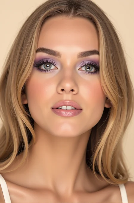 <lora:FFS_v.4:0.75> FFS style face. A young woman with a delicate and serene expression. She has a fair complexion with a slight tan and long, blonde hair styled in loose, flowing strands that frame her face. Her hair appears slightly tousled, with a few strands falling onto her shoulders. Her makeup is meticulously done with a focus on a soft, romantic look. Her eyes are accentuated with a bold, shimmery purple eyeshadow that transitions into a darker purple on the outer edges, complementing her striking, almond-shaped eyes. Thick, dark eyeliner and voluminous false lashes enhance her gaze. Her lips are painted with a soft, glossy pink lipstick, adding to her overall soft and elegant appearance. She has a smooth, slightly radiant complexion with a subtle blush on her cheekbones, and her eyebrows are perfectly groomed. The background is a neutral, soft cream color, which contrasts softly with her skin tone and enhances her makeup.