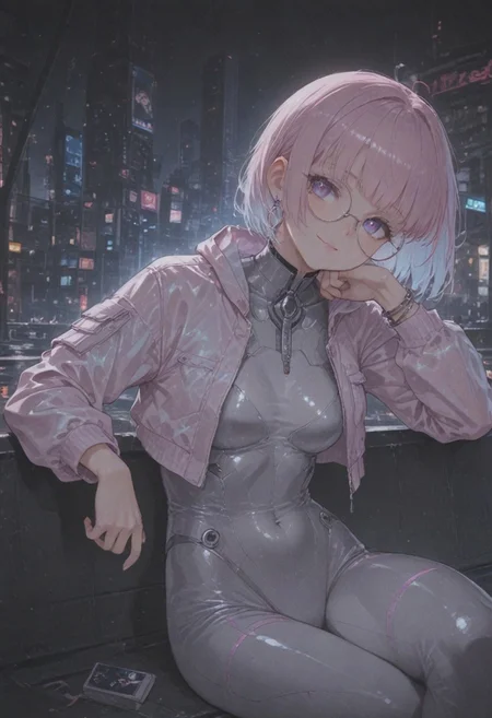 ral-hlgrphic, usnr, gbf_style, 748cmstyle, ( fine texture, masterpiece, ultra-detailed, very awa, best quality, very aesthetic, absurdres, newest, natural lighting, scenery, portrait photo, cinematic composition), BREAK, 1girl, korean woman, pale glittery pink hair, glowing holographic hair extensions, blunt cut bangs, glossy lips, elegant, soft makeup, pink pupils, small breasts, toned body, BREAK, holographic fabric, iridescent colors, pink cropped long-sleeve jacket, open at the front, round glasses, silver bodysuit, silver hoop earrings, bracelets, detailed accessories, BREAK, close-up shot, front view, natural relaxed pose, arm resting casually, looking at the viewer, expressive face, confident expression, slight smile, BREAK, outdoors, sitting on a bench, crowded cyberpunk city street, background with blurred pedestrians, holographic advertisements, neon everywhere, detailed background, cinematic atmosphere, BREAK.