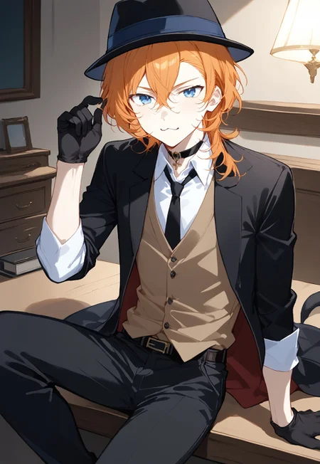 ((solo)), (male), Expressiveh, male focus, (((:3, cat mouth))), ((slim)), ((slim body)), chuuya, bishounen, black choker, black gloves, black hat, fedora, black jacket, blue eyes, collared shirt, cross tie, medium hair, orange hair, vest, white shirt, black pants, shoes