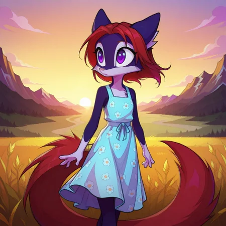 Dreamkeepers,Indi_and_Digo,1girl,solo,furry,tail,source_furry,,red hair,purple fur, purple eyes,
child, kid,
Mh1$AgThS2, intricate linework with expressive contrasts, soft lighting with dynamic highlights, in a floral-pattern summer dress looking at a rusted antiquated oilfield with oil derricks, landscape, sunset. Impressionistic, ligne claire outlines for clarity and structure, In the style of ff-td